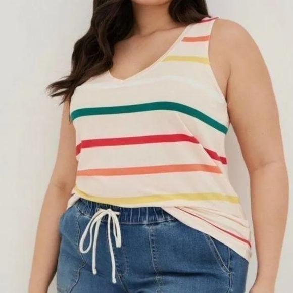 Torrid 2 Plus Size Perfect Super Soft V-Neck Tank Light Pink Multi Striped Top - Picture 1 of 6